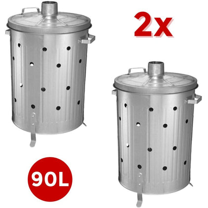PACK OF 2 - 90L GARDEN INCINERATOR FIRE BIN GALVANISED BURNING WOOD PAPER LEAVES