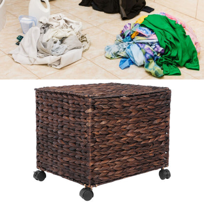 Mobile Seagrass Basket Hamper Clothes Toys Blanket Closet Storage Box with Lid