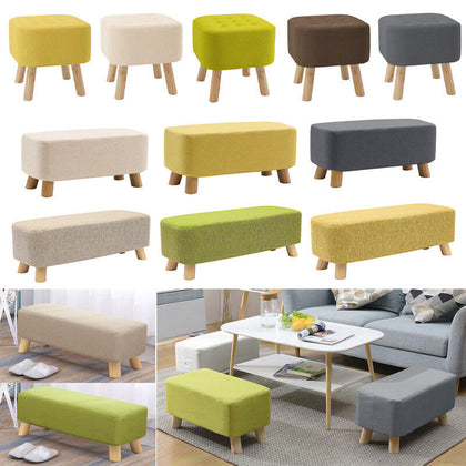 Linen Footstool Upholstered Padded Stool Pouffe Seat Footrest Chair Wooden Legs