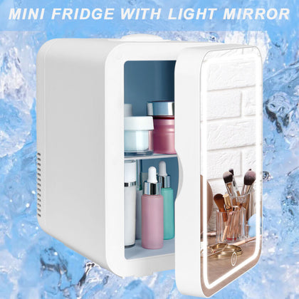 Mini Fridge with LED Mirror Portable Cooler Warmer Table Top Bedroom Makeup