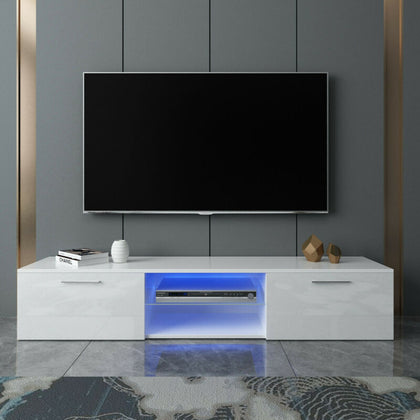 Modern LED Light TV Unit Cabinet Stand 160cm Media 2 Doors + Shelf White