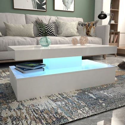 Modern High Gloss White Wood Coffee Table for Living Room RGB LED Lights