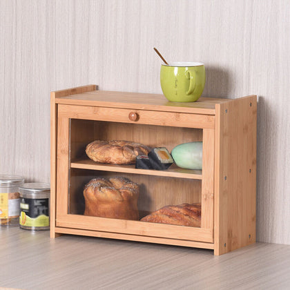 2 TIER BREAD BIN BAMBOO WOOD CLEAR DOOR BREAD BOX KITCHEN FOOD STORAGE BREAKFAST