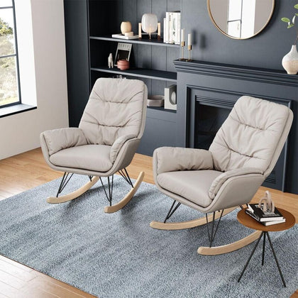 High Back Rocking Chair Recliner Armchair Beige Velvet Upholstered Rocker Seat