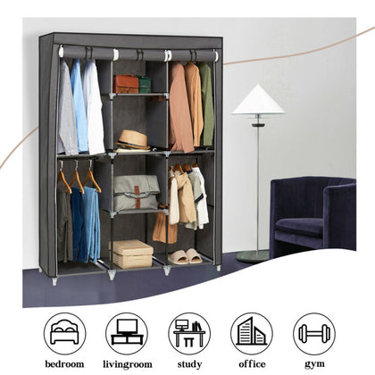 GREY TRIPLE MULTIPLE CLOTHES CANVAS STORAGE WARDROBES WITH HANGING RAIL BEDROOM