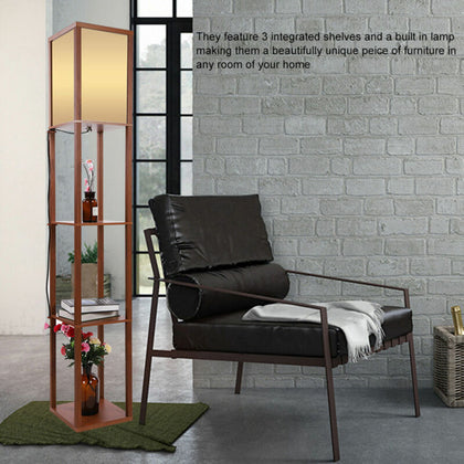 Modern Oak Wooden Fabric Floor Lamp with Built In Shelving Units Lounges Hallway