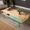 Brown Coffee Table Green Storage Drawer Open Shelf Black Metal Hairpin Legs