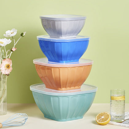 4Pcs Square Salad Bowl Plastic Cereal Bowl Reusable Snack Bowl with Lid brTir