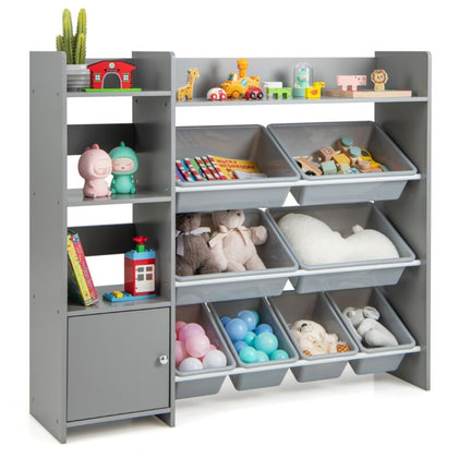 Wooden Kids Toy Storage Organizer Bookcase Cabinet Bookshelf W/ 8 Storage Boxes