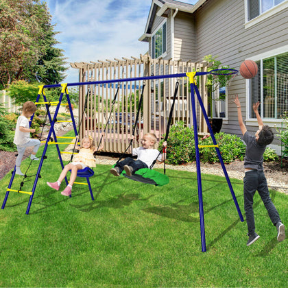 5-In-1 Outdoor Kids Swing Set Children Climbing Ladder Games W/ Basketball Hoop
