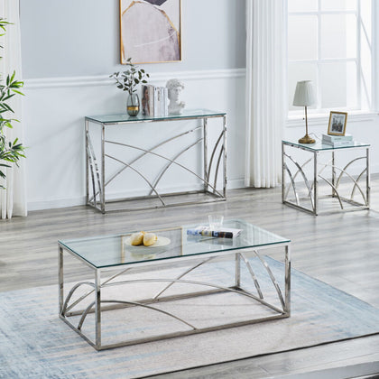 Silvery Coffee Table Stainless Steel Side Table W/Transparent Tempered Glass