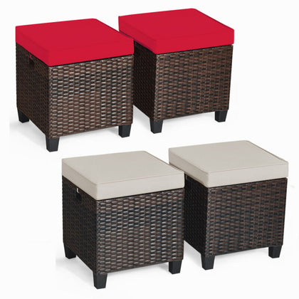Set of 2 Outdoor Rattan Footstool Wicker Ottoman Chair Seat w/ Padded Cushions