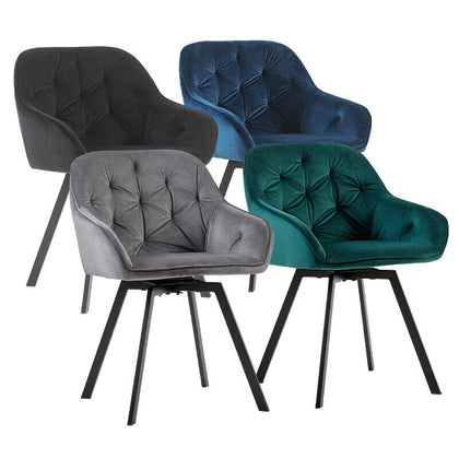 2 x Rotatable Dining Chairs Padded Velvet Seat Metal Legs Swivel Kitchen Modern