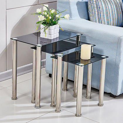 Square Nest of 3 Tables Glass Nested Side End Tables Set Black Modern Home Decor