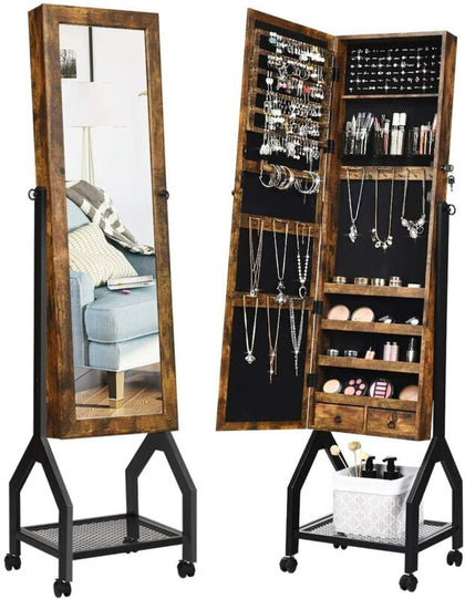 2-in-1 Rolling Jewelry Cabinet Mobile Mirrored Armoire W/ Mesh Shelf Lockable