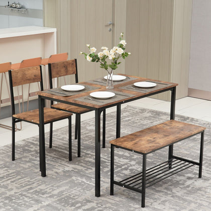 4pcs Dining Table Set 2xChairs 1xDining table 1xBench Breakfast Metal Furniture