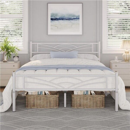 4ft6 Double Bed Platform Bed Frame with Headboard and Metal Bed Slats for Adults