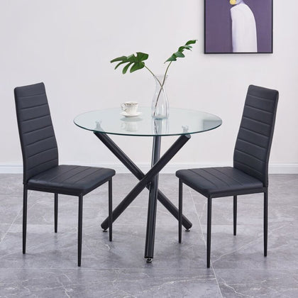 2x Black Faux Leather Dining Chairs&Round Tempered Glass Black Legs Dining Table