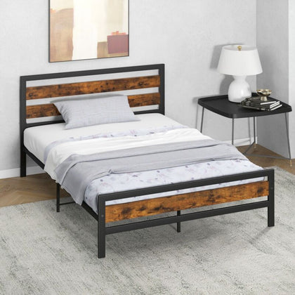 Industrial Double Size Bed Frame Platform Bed w/Headboard & Footboard Noise Free