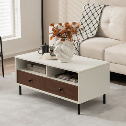 Wooden Coffee Table Rectangle Sofa Side Table Modern Cocktail Table W/ 2 Drawers