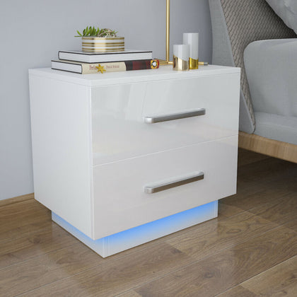White Bedside Cabinet Table Push to Open High Gloss LED Nightstand 2 Drawers