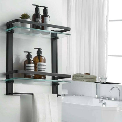 2 Tier Black Wall Mounted Towel Holder Storage Rail Rack Bathroom Caddy Shelf