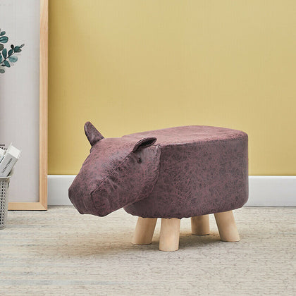 Hippo Animal Footstool Ottomans Faux Leahter Brown Padded Wood Leg Gift for Kid