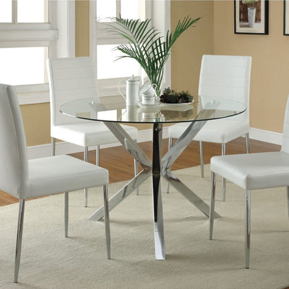 Modern Round Glass Dining Table And 4 White PU Leather Chairs Sets Chrome Legs
