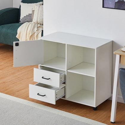 White Filing Cabinet Mobile Printer Stand W/2 Drawers 1 Door 3 Shelves