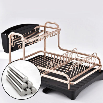 2Tier Rose Gold Dish Drainer Cutlery Cup Plates Holder Sink Rack Drip Tray Decor