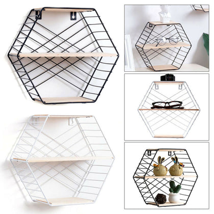 Hexagon Metal Wire Wood Wall Shelf Modern Loft Dorm Double-Layer Storage Shelf