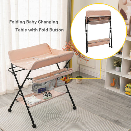 Adjustable Baby Changing Table Infant Diaper Changing Station with Wheels Khaki