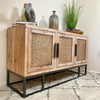 Fir Wood Rattan 3 Door Sideboard Cabinet Vintage Furniture Storage TV Stand Unit