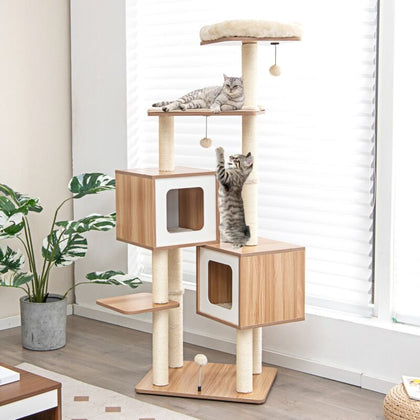 Multi-Layer Wooden Cat Tree 163cm Tall Cat Tower Modern Kitten Activity Center