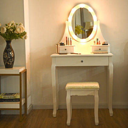 Vanity Dressing Table Set Makeup Desk W/Detachable Tabletop &LED Rotating Mirror