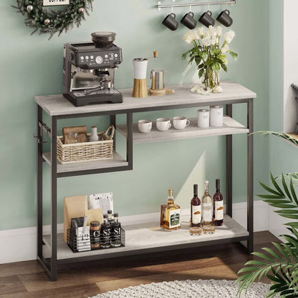 Rustic Console Table Console 4 Storage Shelves Cupboard Server Table with Hooks