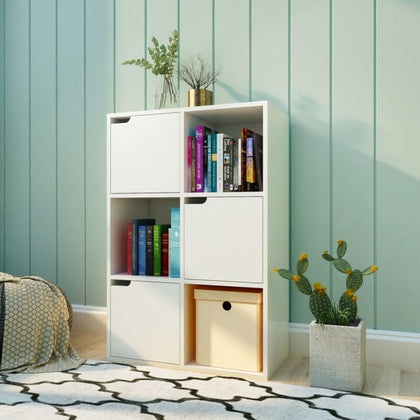 White Bookcase 6 Cube Storage Unit Wooden Bookshelf w/ Doors Living Room Office