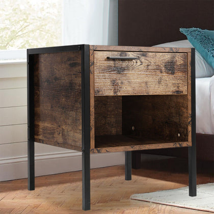 Industrial Bedside Cabinet Rustic Effect Wood Nightstand Side Table Drawer Shelf