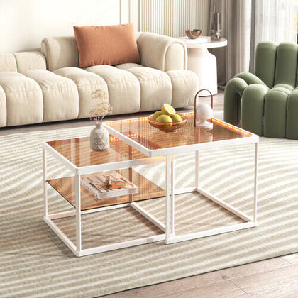 LED Nesting Coffee Tables Set of 2 Glass Top Side End Tables with Metal Frame NS