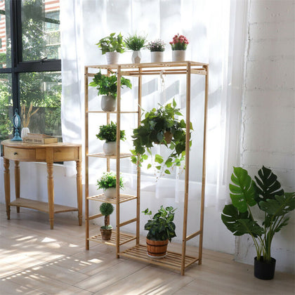 Large Bamboo Clothes Rail with 4 Standing Bookcase Shelves for Dress Plant Shoes