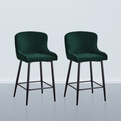 2pcs Velvet Bar Stools Set Diamond Seat Metal Legs Kitchen Pub Chairs Stools