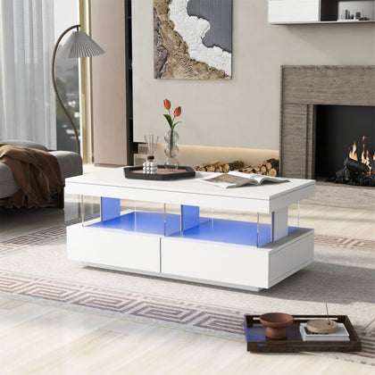 Coffee Table High Gloss LED RGB Tea Table With Storage Drawers Living Room NS