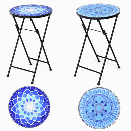 Folding Mosaic Side Table Round Bistro End Table W/ Ceramic Tile Top Plant Stand