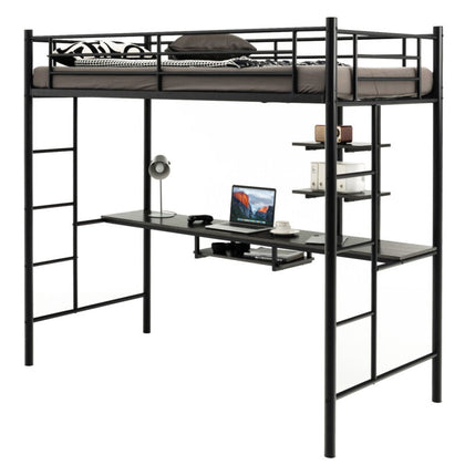 Metal Bunk Bed w/Desk Shelves and Safety Guardrail 2 Ladders Loft Bed Frame