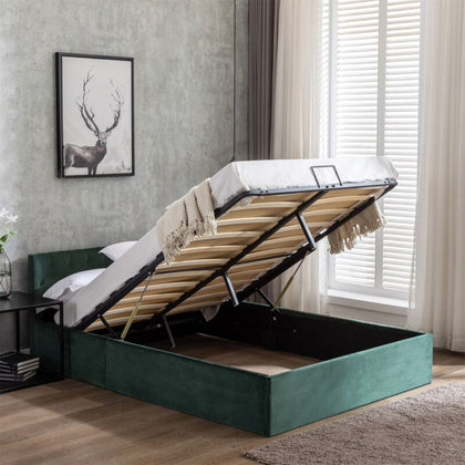4ft6 Upholstered Bed Frame Fabric Gas Lift Ottoman Storage Beds in Double Green