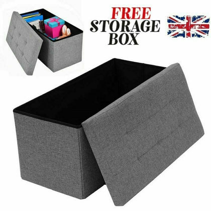 2 Seater Large Folding Storage Ottoman Bench Seat Stool Grey Linen Toy Chest Box
