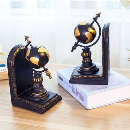 Set of 2 Bookends Vintage World Globe Design Home Office Book Holder Ornament