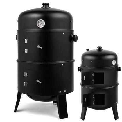 3 in 1 Black BBQ Charcoal Grill Barbecue Smoker Garden Outdoor Cooking Steel Pot