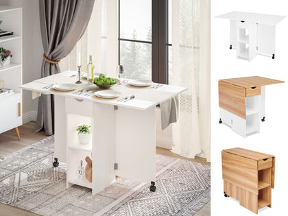 Mobile Folding Dining Table Drop Leaf Table with 1 Drawer 2 Open Storage Shelves
