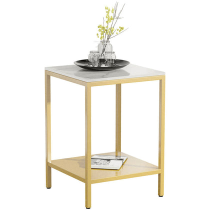 22'' Tall Marble End Table Gold Nightstand Shelf Lamp Photo Vase Books Side Desk